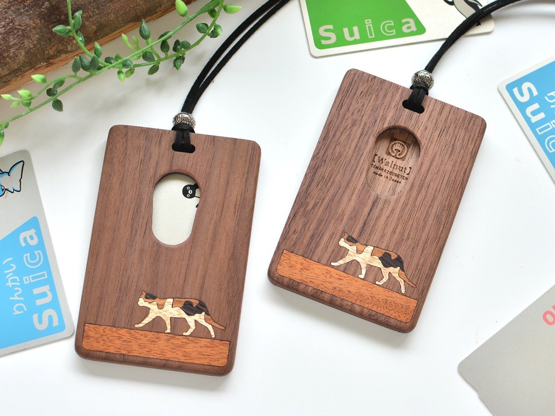 Wooden IC card case [Walking cat Calico] Walnut - 证件套/卡套 - 木头 咖啡色
