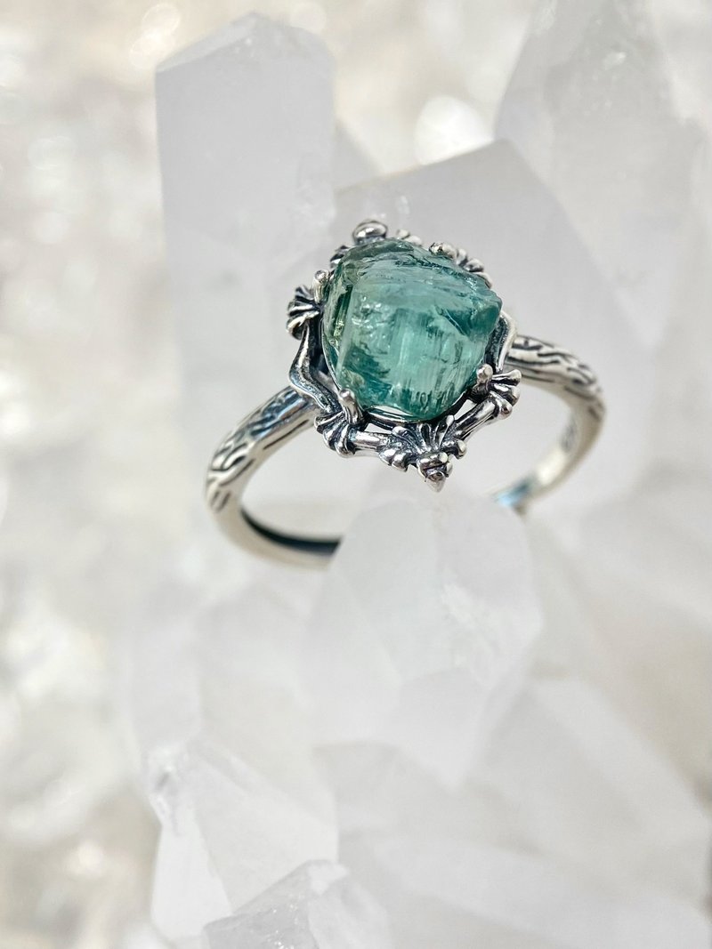 天然蓝碧玺原石 复古S925银戒指 可调节戒围 湖蓝薄荷绿双色碧玺 - 戒指 - 水晶 