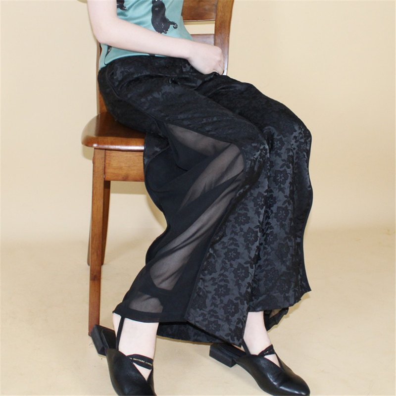 黑色 提花透視拼接唐裝闊腿長褲 搭配新中式少女風改良旗袍 - 裙子 - 其他人造纤维 绿色