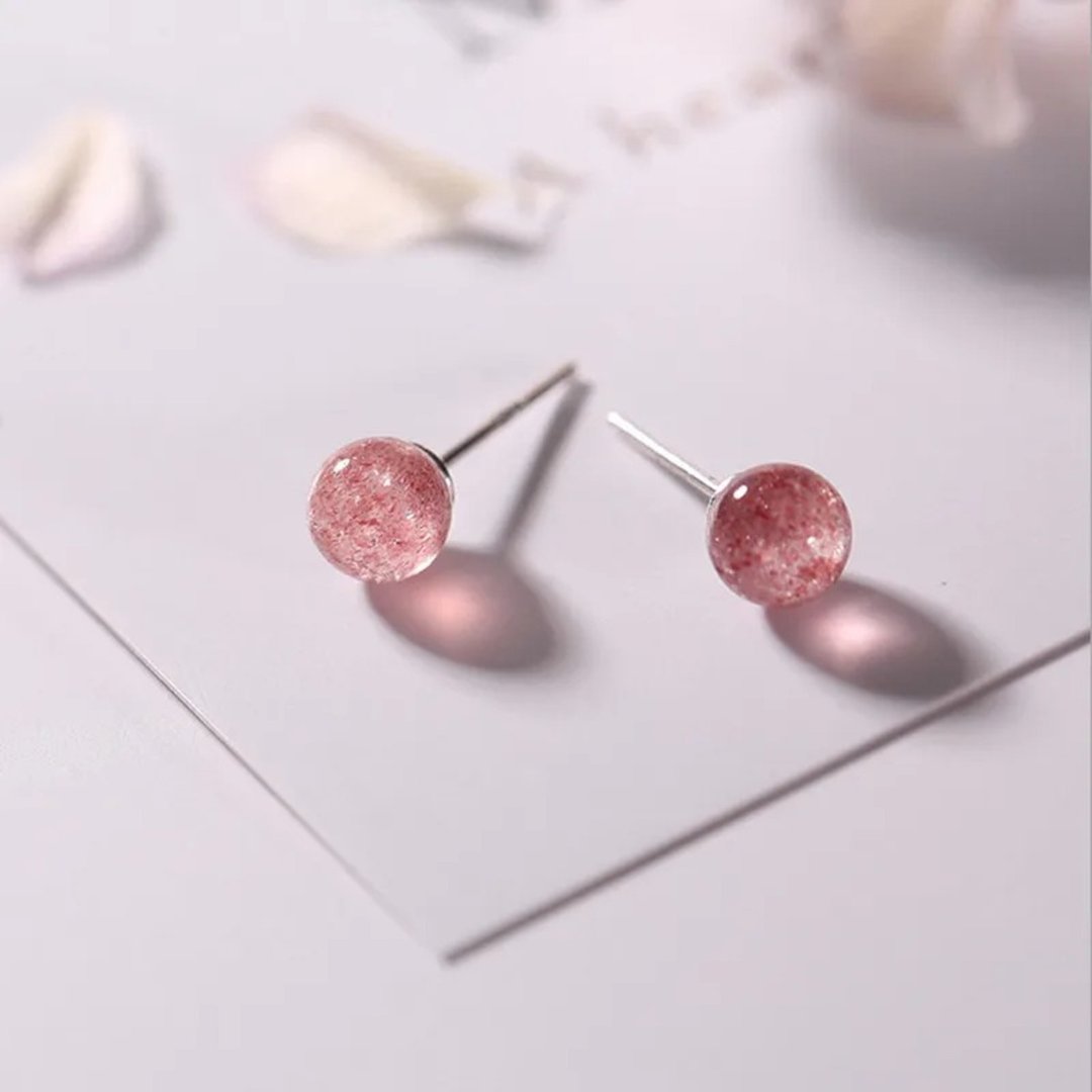 925 纯银 圆球造型耳钉 手工制作 迷你款 女生款 造型耳环 草莓碧玺 - 耳环/耳夹 - 宝石 多色