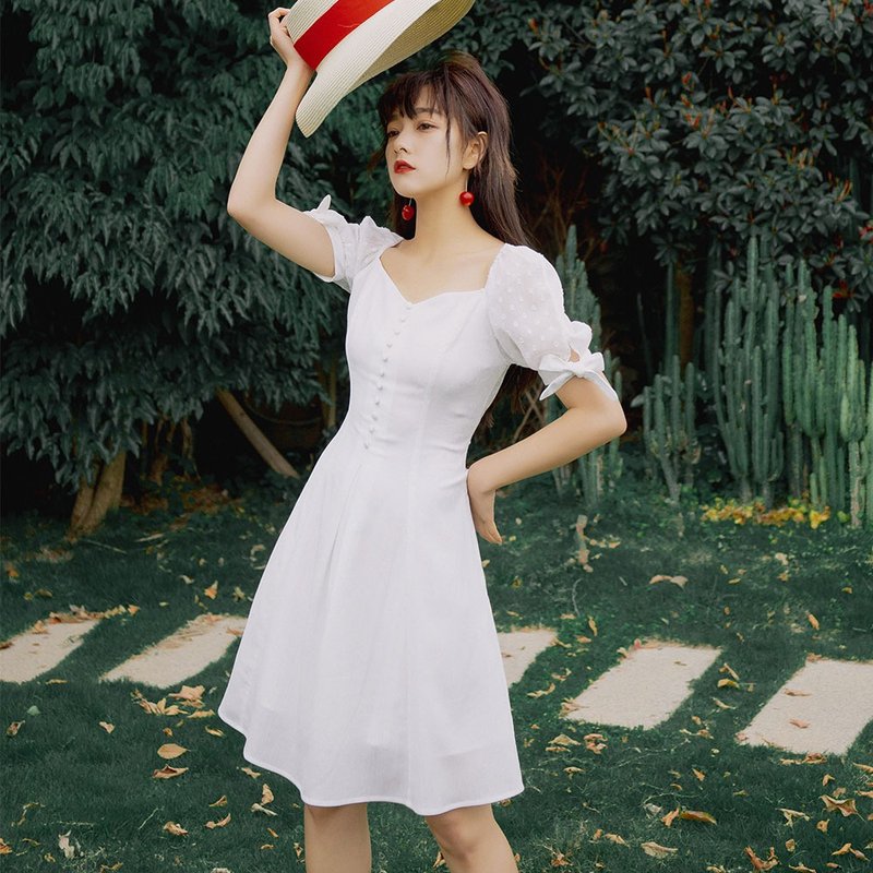 夏季方领系带白色雪纺连身裙洋装女连衣裙子 - 洋装/连衣裙 - 聚酯纤维 白色