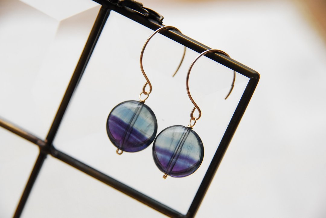 Coin Stripe Fluorite Earrings no.214kgf - 耳环/耳夹 - 半宝石 紫色