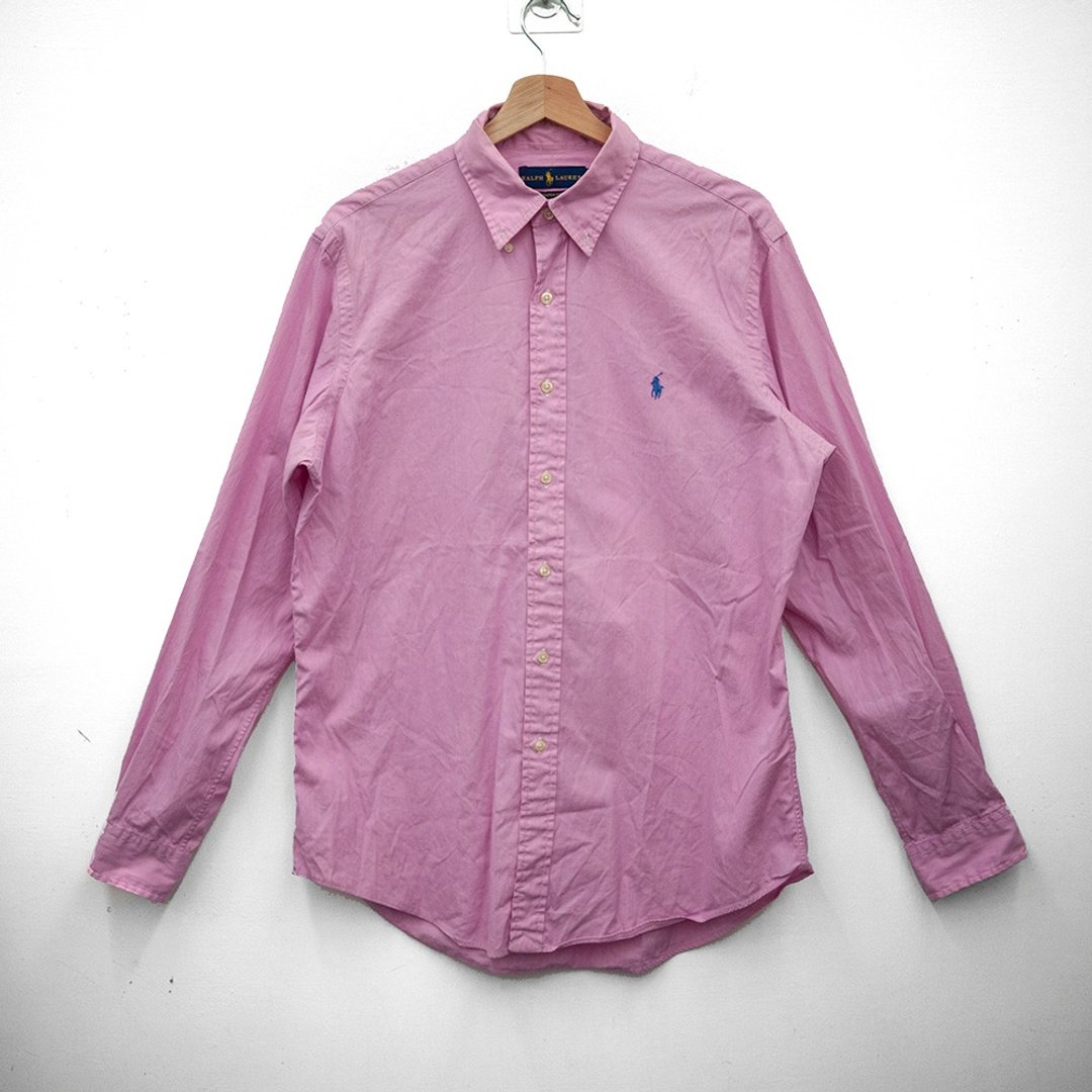 POLO RALPH LAUREN 粉红 直条纹 长袖衬衫 线绣logo 古着 二手 - 男装衬衫 - 棉．麻 粉红色
