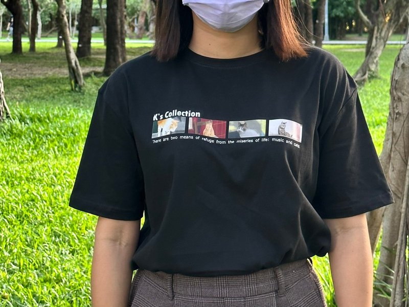 宽版落肩短T-K设计系列【日常猫咪】-长方形款 - 女装 T 恤 - 棉．麻 黑色
