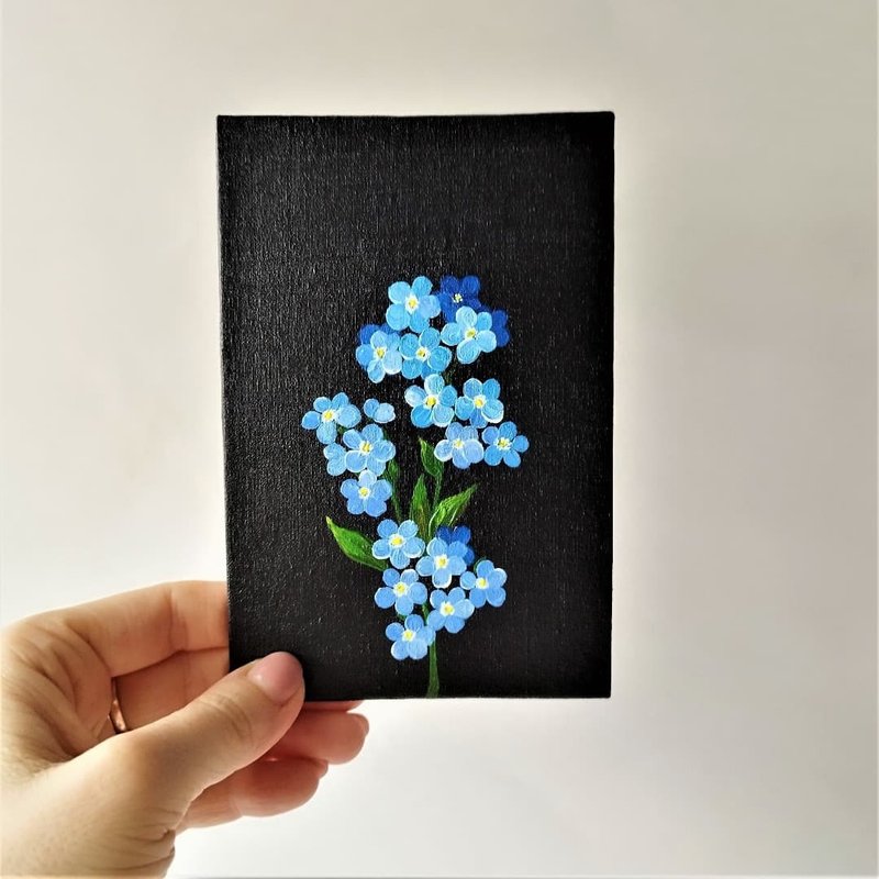 Small wall art Blue flower painting canvas Mini painting forget me not flowers - 墙贴/壁贴 - 压克力 多色