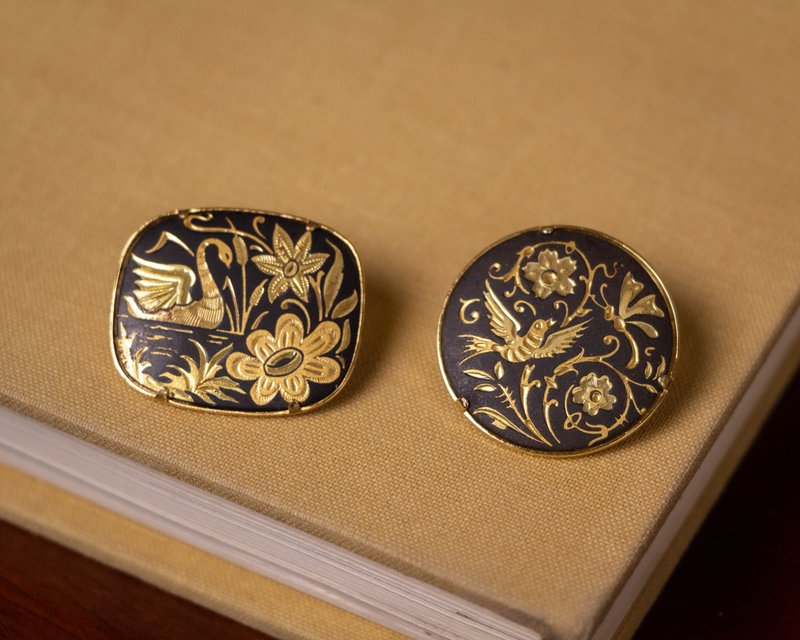 西班牙古董 大马士革24K金属镶嵌工艺 天鹅与花鸟图腾 镀金别针 - 胸针 - 24k 金 金色