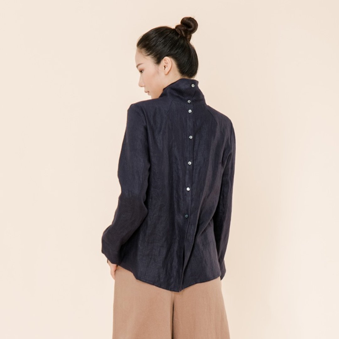 不服純亞麻後背釦子高領襯衫 長袖顯瘦麻襯衫 禪風茶服  SH170619 - 女装衬衫 - 棉．麻 蓝色