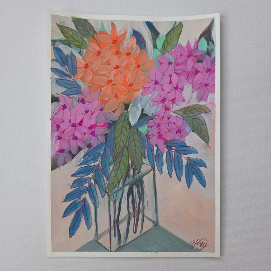 柔美绽放花束 原创 ग्্वाश (Gouache) 花卉画作 极简植物画 - 海报/装饰画/版画 - 纸 粉红色