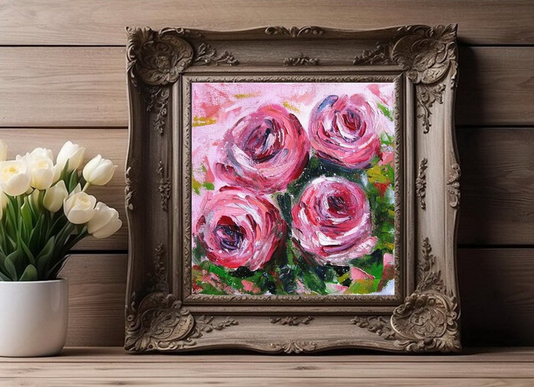 抽象粉红玫瑰油画小尺寸拉伸画布厚涂风格 - 墙贴/壁贴 - 其他材质 多色