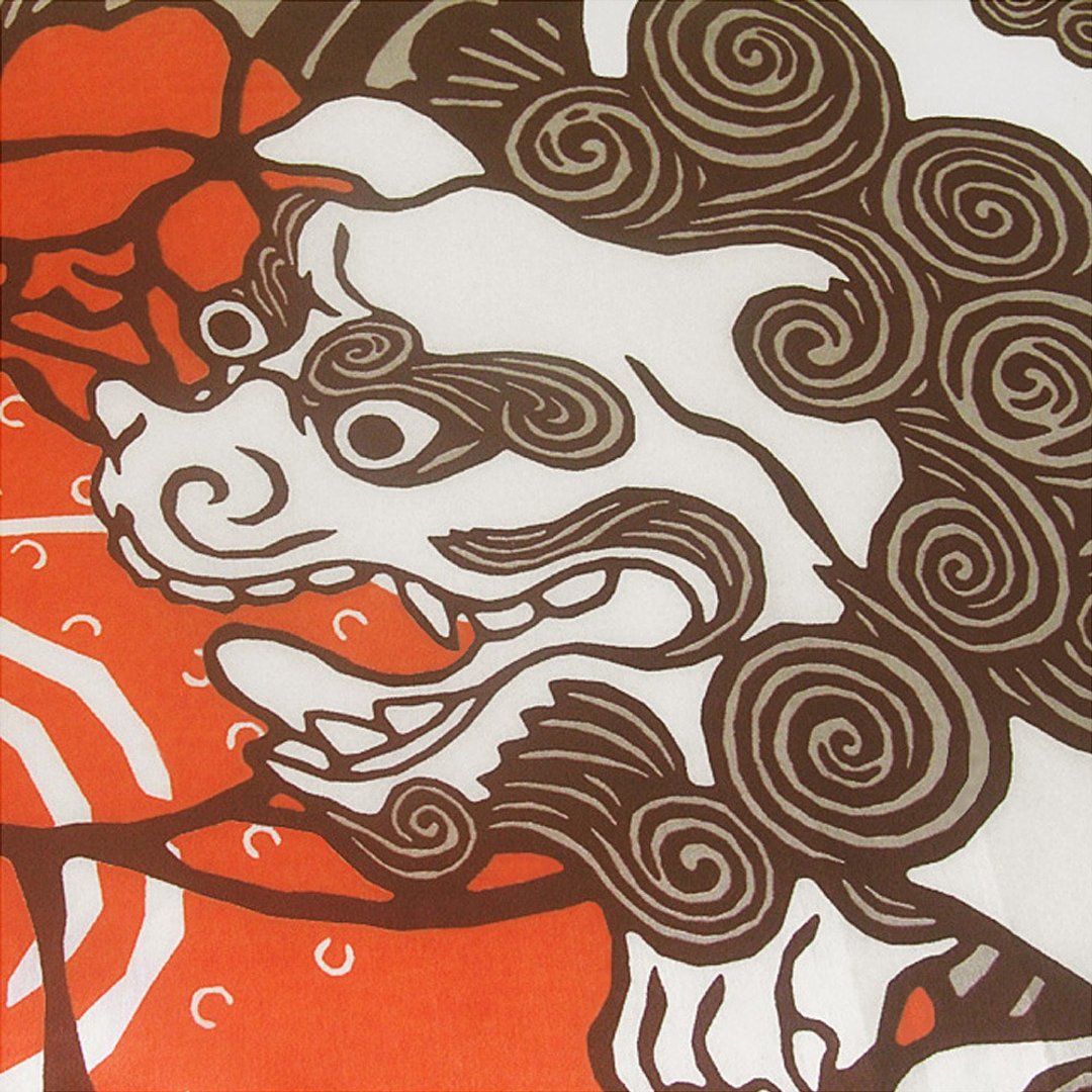 Japanese traditional hand towel - Hand dyed Chinese lion 100%Cotton - 手帕/方巾 - 棉 白色