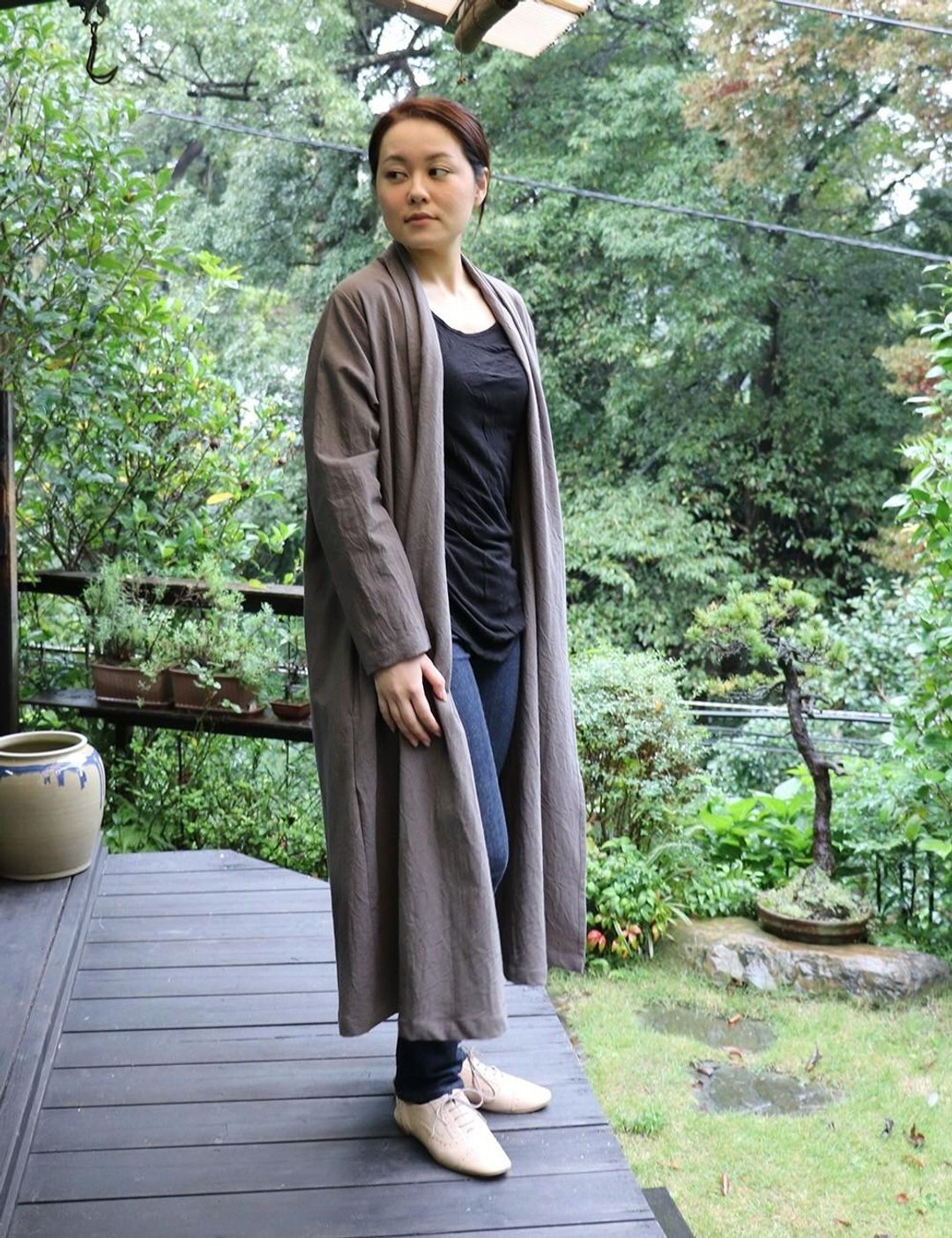 Cotton Linen gown coat - 女装休闲/机能外套 - 棉 灰色