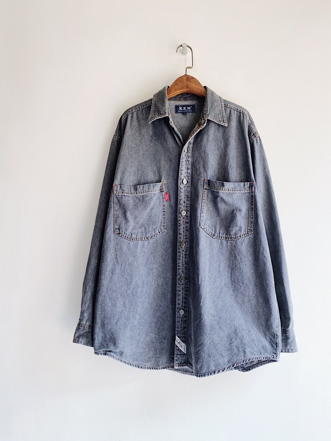 灰黑洗旧经典口袋 古着翻领棉质牛仔衬衫上衣 vintage Shirt - 女装衬衫 - 棉 灰色
