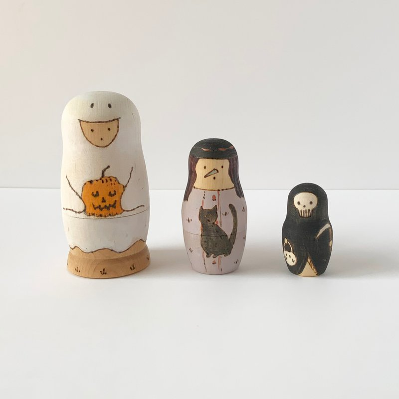 万圣节俄罗斯娃娃 B【幽灵、女巫、骷髅变装】 - 玩偶/公仔 - 木头 白色