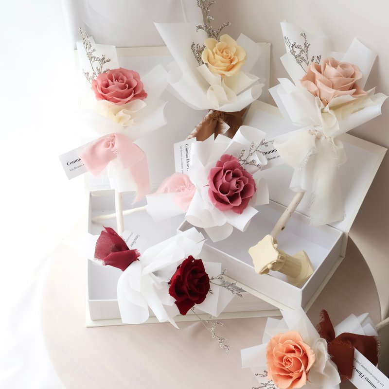 暖色系 单朵永生花玫瑰花束  8色 情人节花束 生日 周年 求婚 - 干燥花/捧花 - 植物．花 多色