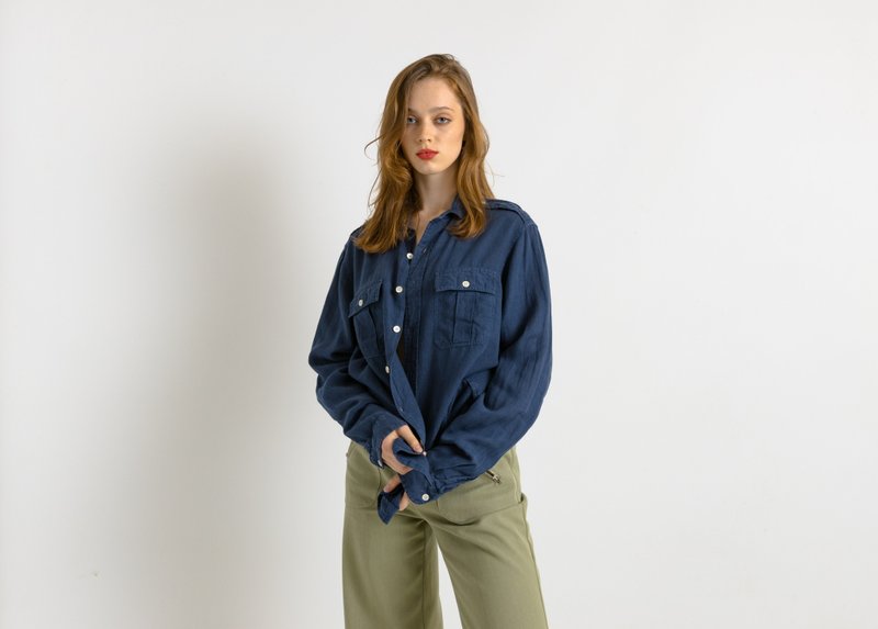 Ralph Lauren 蓝色亚麻 Logo 长袖衬衫 M 码 7501 - 男装衬衫 - 亚麻 蓝色