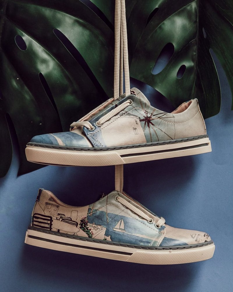 【男朋友礼物】小岛海岸 水彩画风 男款 休闲鞋 小白鞋 圣诞 生日 - 男款休闲鞋 - 其他人造纤维 白色