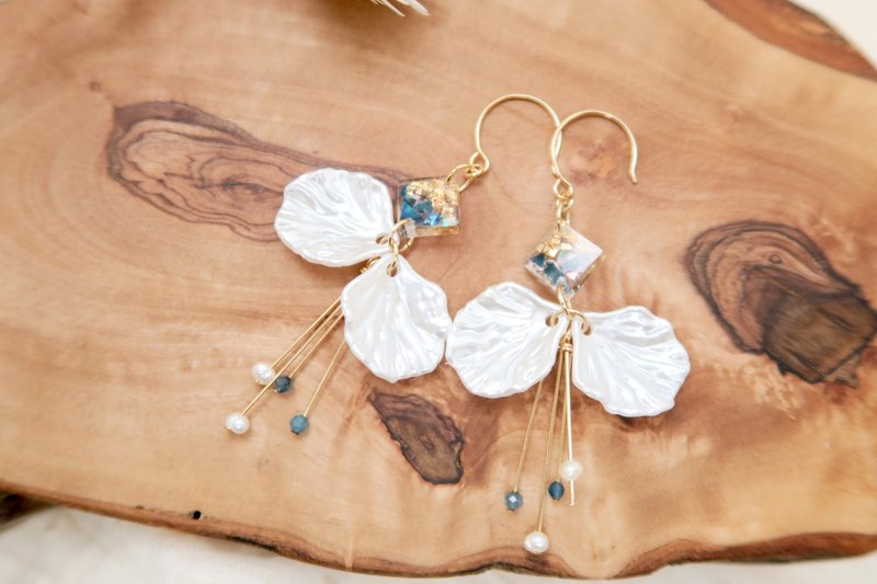 OUD原创.手工饰品.天然淡水珍珠.苔纹玛瑙.绿贝.金箔14K耳环/耳夹 - 耳环/耳夹 - 半宝石 绿色