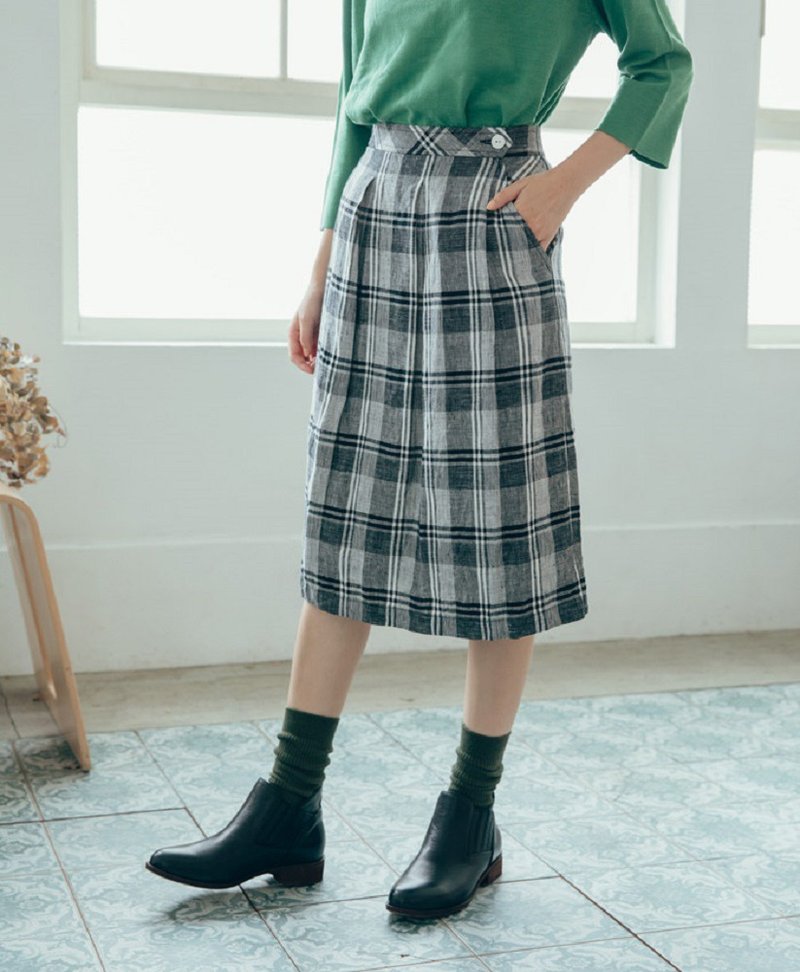 小步漫舞棉麻格纹裙-午夜黑猫 - 裙子 - 棉．麻 黑色