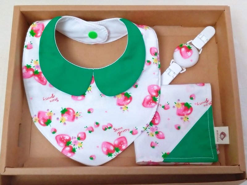 草莓咬一口 领巾款 兜+ 手帕+手帕夹(3件组)弥月礼 满月礼 - 满月礼盒 - 棉．麻 绿色