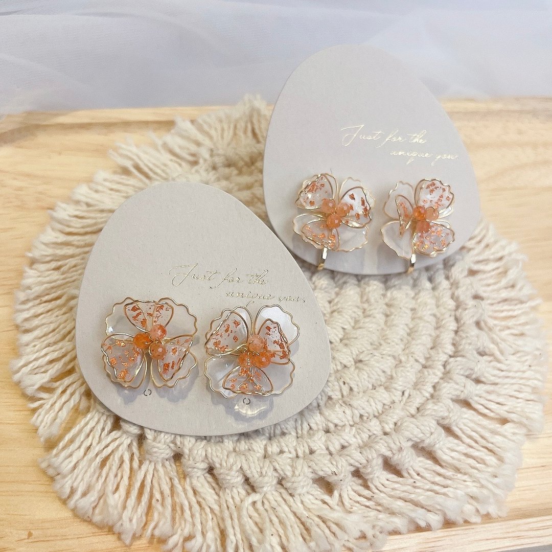 金箔花橘款 - 耳环/耳夹 - 树脂 橘色