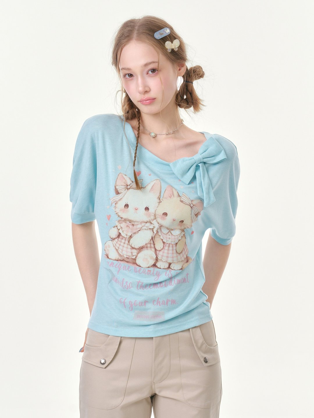 ziziFei''俏皮萌猫''夏季猫咪印花蝴蝶结短款上衣浅蓝色短袖t恤女 - 女装 T 恤 - 其他材质 蓝色
