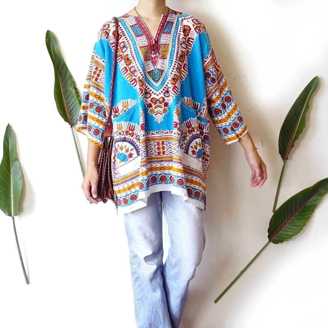 BajuTua /古着/ 90's 缤纷非洲嬉皮传统上衣 Dashiki- 水蓝 - 男装上衣/T 恤 - 棉 蓝色