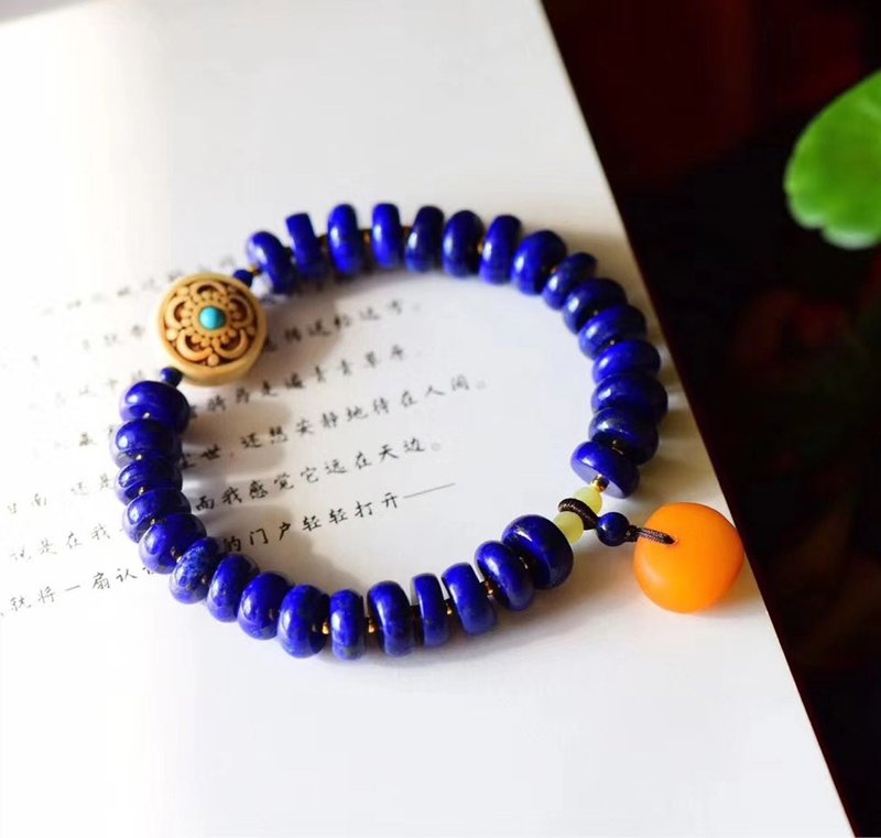 【福利价】天然青金石盘珠手链/点缀老蜡平安扣吊坠/上手效果超美 - 手链/手环 - 宝石 