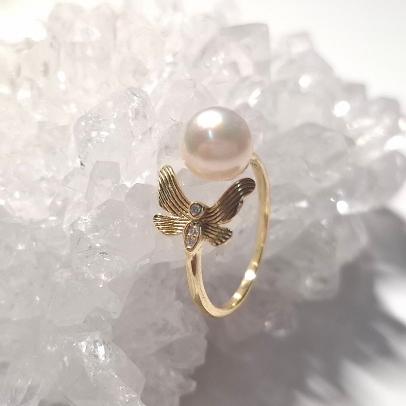 线条蝴蝶海水Akoya珍珠纯银戒指 - 戒指 - 珍珠 