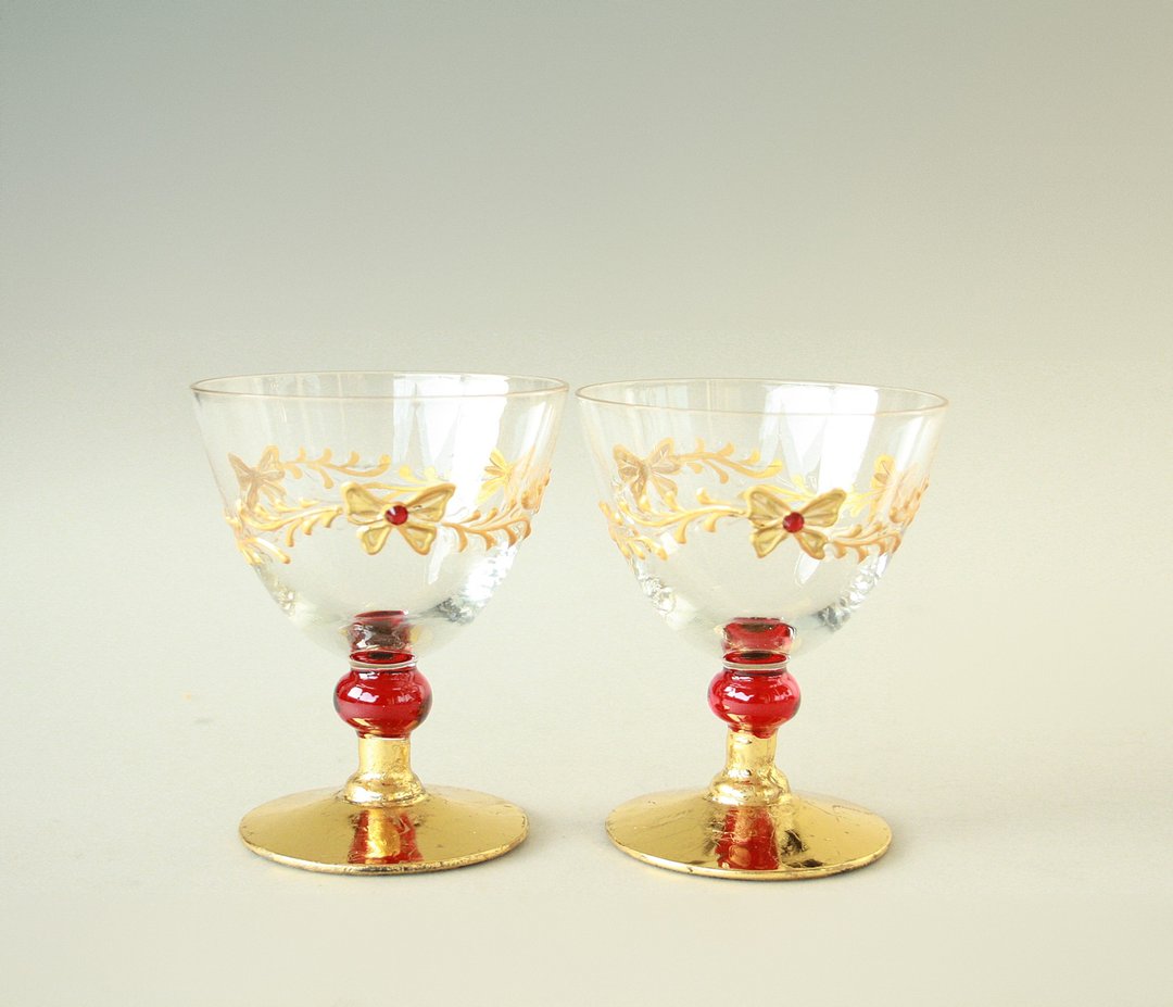 Shot Glasses Sake, Liqueur, Gold Ruby Red, Hand-painted, set of 2 - 酒杯/酒器 - 玻璃 红色