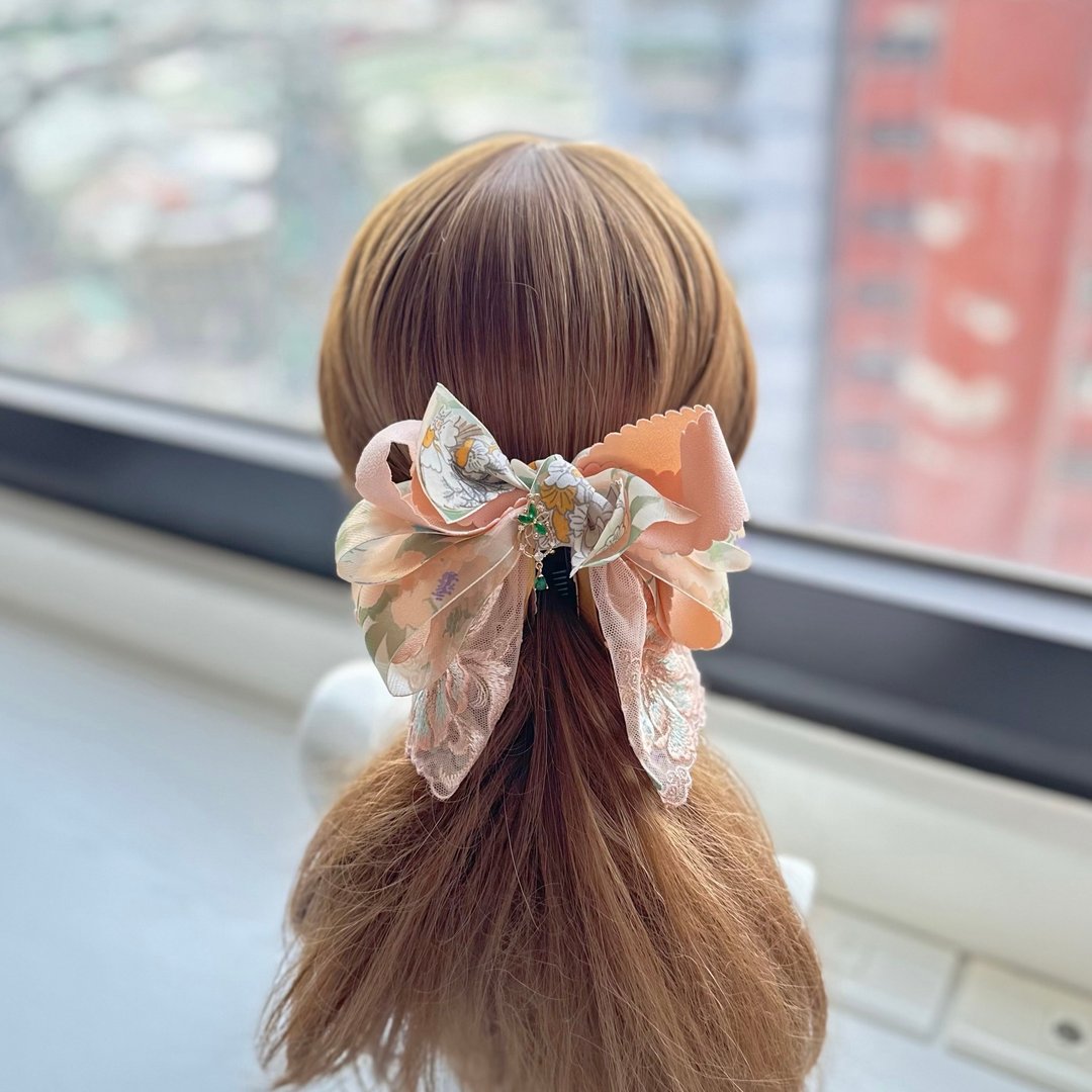 印花纱蕾丝蝴蝶结相交夹香蕉夹仙女夹发夹-粉橘色 - 发饰 - 其他材质 橘色