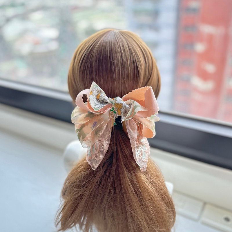 印花纱蕾丝蝴蝶结相交夹香蕉夹仙女夹发夹-粉橘色 - 发饰 - 其他材质 橘色