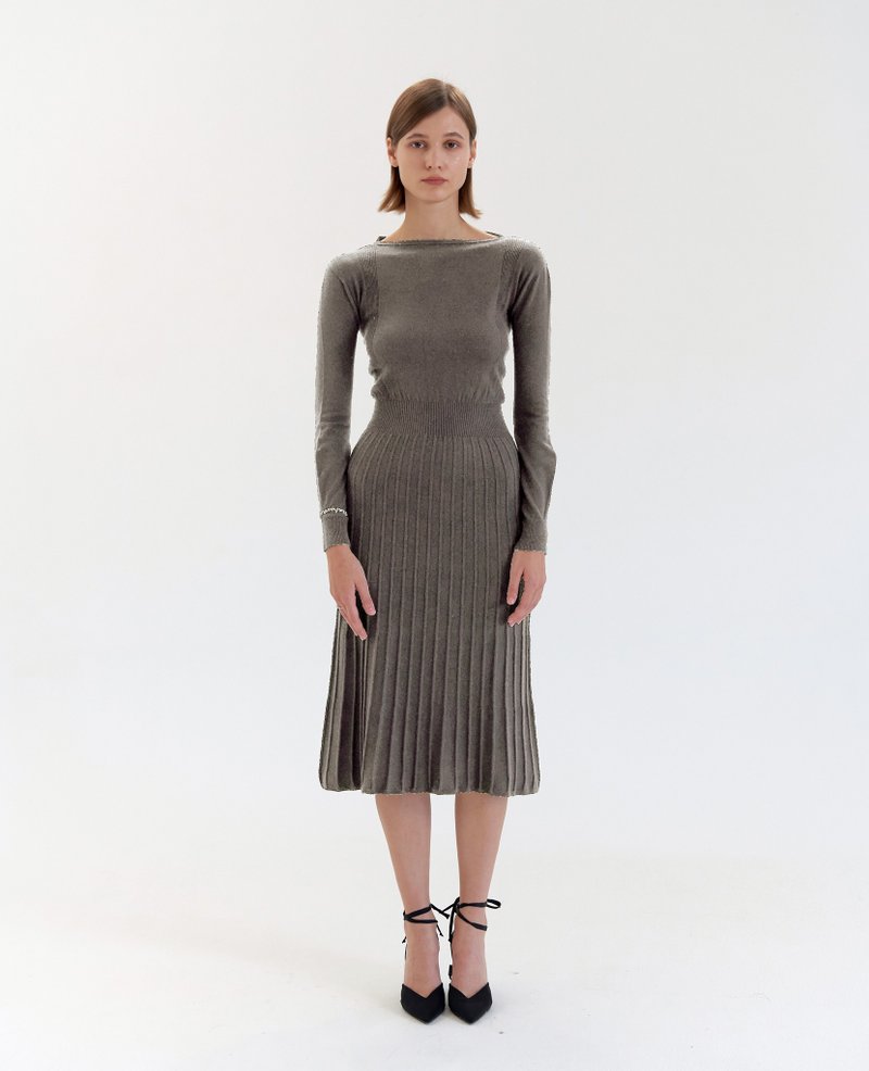 V背针织百褶连衣裙- 焙灰 - 洋装/连衣裙 - 羊毛 灰色