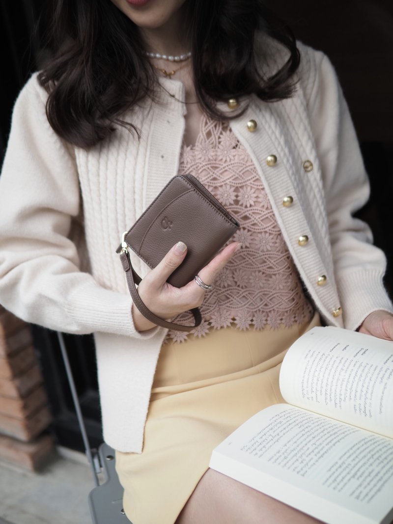 Anna（黏土）：迷你/短钱包，牛皮，双折拉链，棕灰色 - 皮夹/钱包 - 真皮 咖啡色