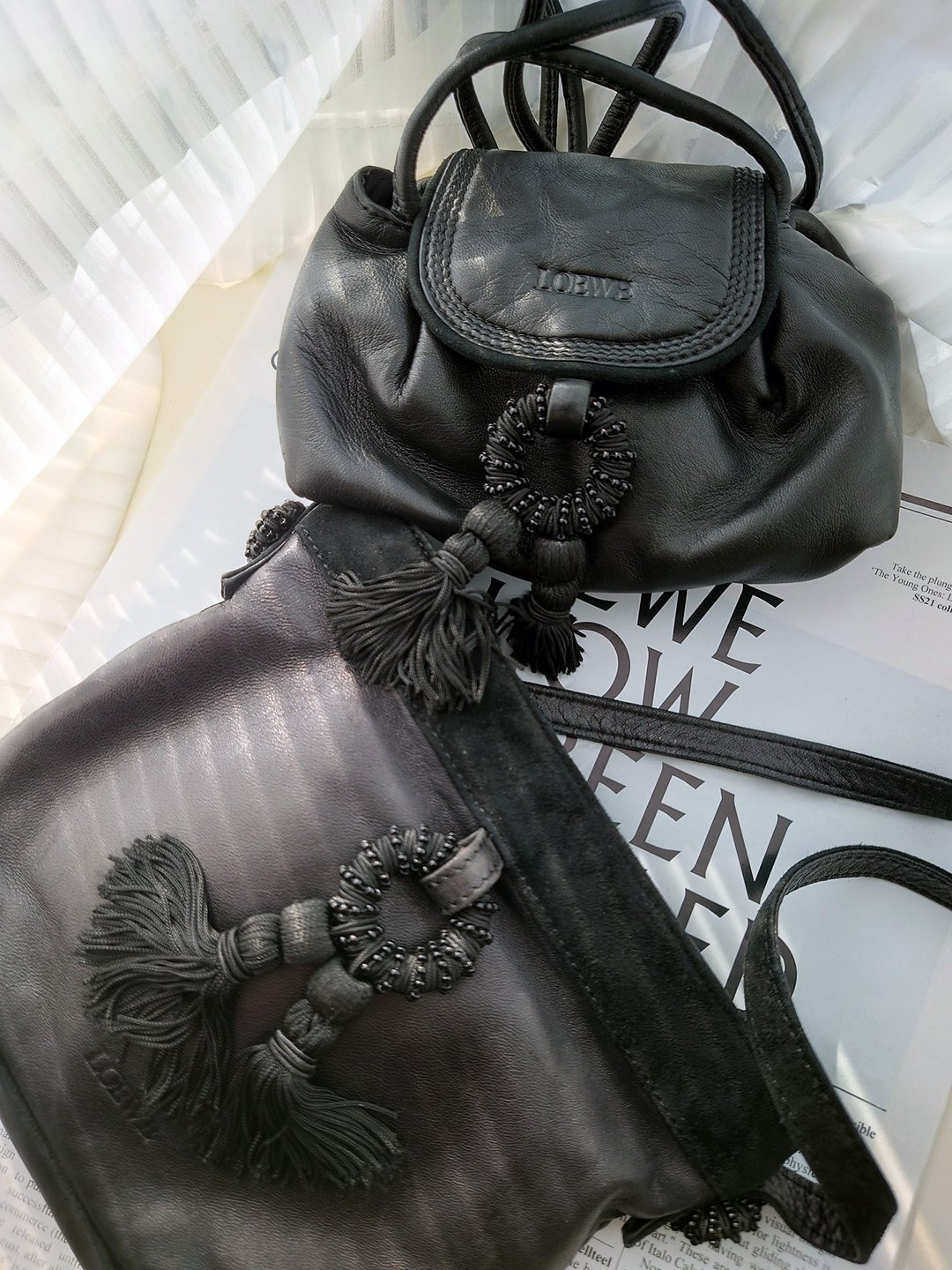 中古包 Loewe 流苏纳帕羊皮麂皮 单肩包斜背包斜挎包侧背包侧背包 - 侧背包/斜挎包 - 真皮 黑色