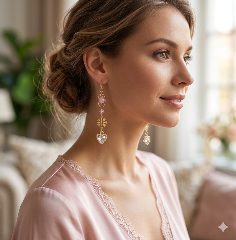 内含锆石的爱心坠饰随之摇曳，搭配俐落的椭圆圈与温柔的桃花粉色长耳环。时尚、礼物、可更换为低过敏性耳针或耳夹。 - 耳环/耳夹 - 玻璃 粉红色