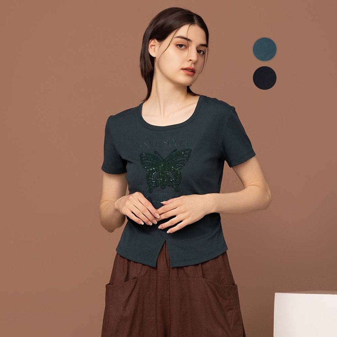 【MEDUSA】刺绣蝴蝶 显瘦开衩下摆休闲T恤 - 2色(M-XL) | 女T恤 - 女装 T 恤 - 棉．麻 绿色