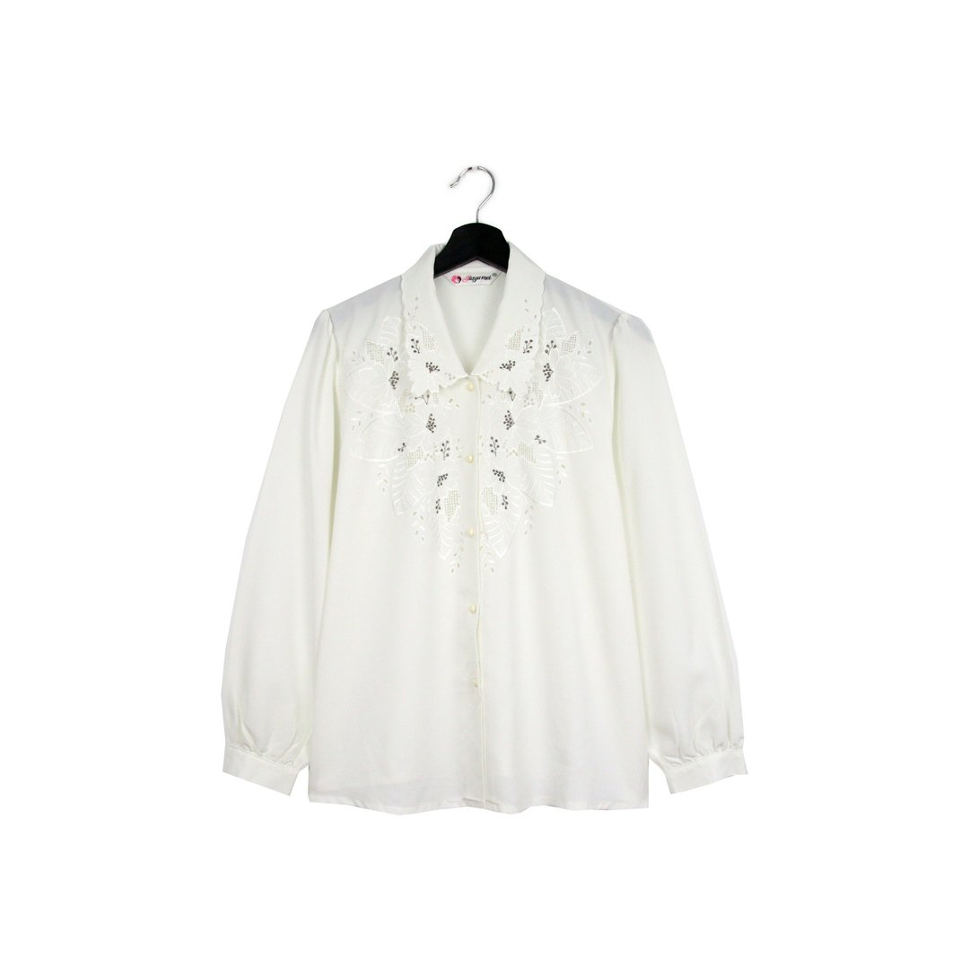 Back to Green:: 日和感丝质白衬衫 黑色花朵//vintage shirt - 女装衬衫 - 丝．绢 