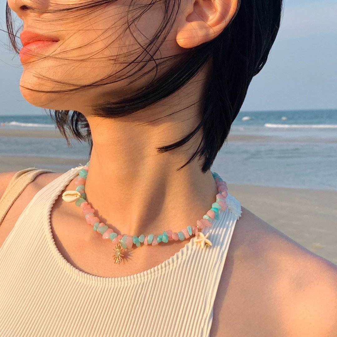 项链 阳光、沙滩、大海，你和我 • 18K 金饰 天然粉蓝项链 - 项链 - 石头 多色