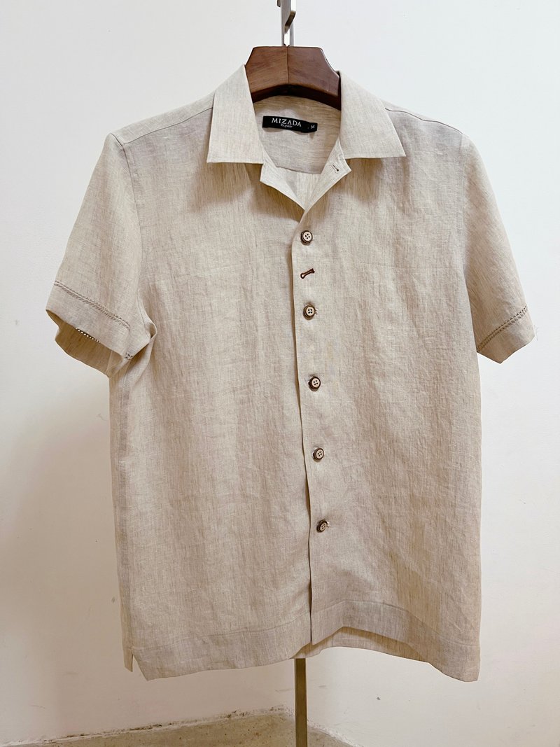 男款米色亚麻衬衫：手绘抽绦刺绣、古巴领、短袖 - 男装衬衫 - 亚麻 卡其色