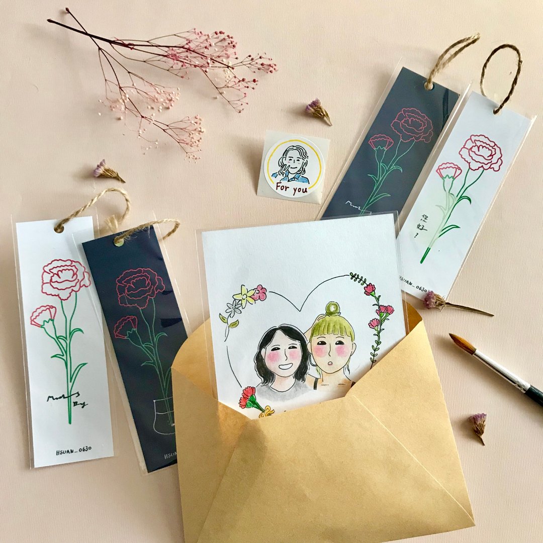 母亲节人像画(爱心边框) 组合餐 似颜绘/定制贴纸/书签 - 卡片/明信片 - 纸 