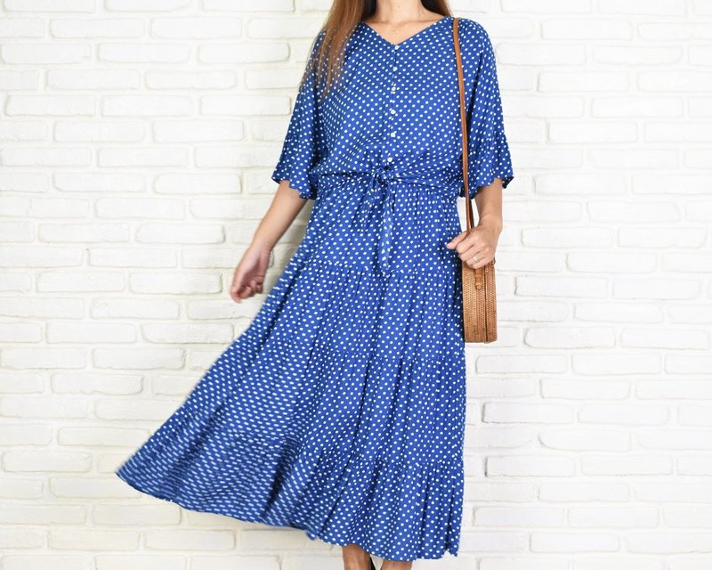 Adult Tiered Long Skirt Dot Pattern Blue - 裙子 - 其他材质 蓝色