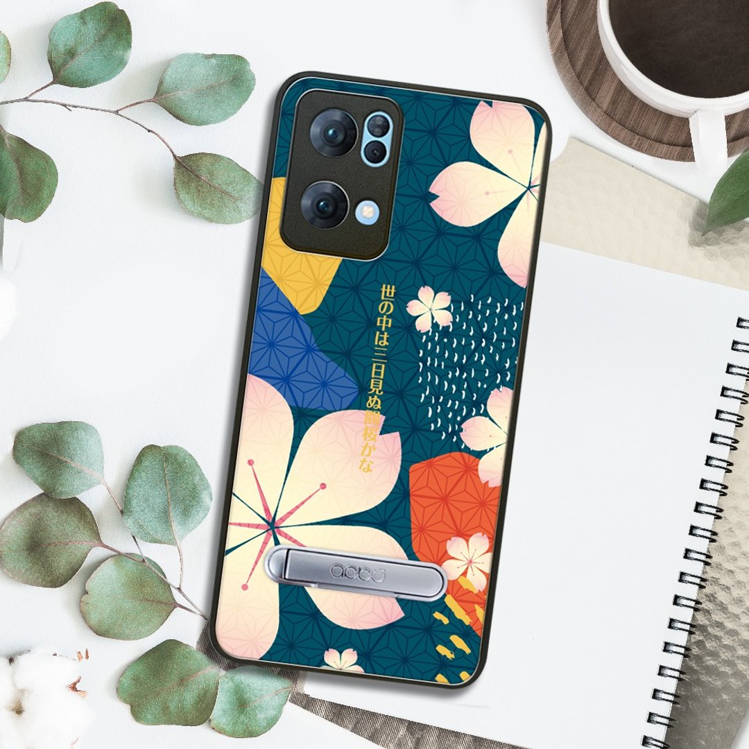 apbs OPPO Reno7 5G 全系列 减震立架手机壳-墨绿樱花俳句 - 手机壳/手机套 - 其他材质 多色