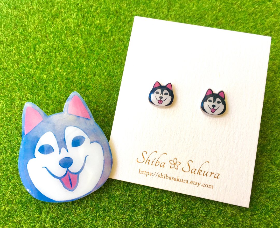 【Set sale】 Siberian Husky brooch and earrings (earrings changeable) set - 耳环/耳夹 - 塑料 黑色