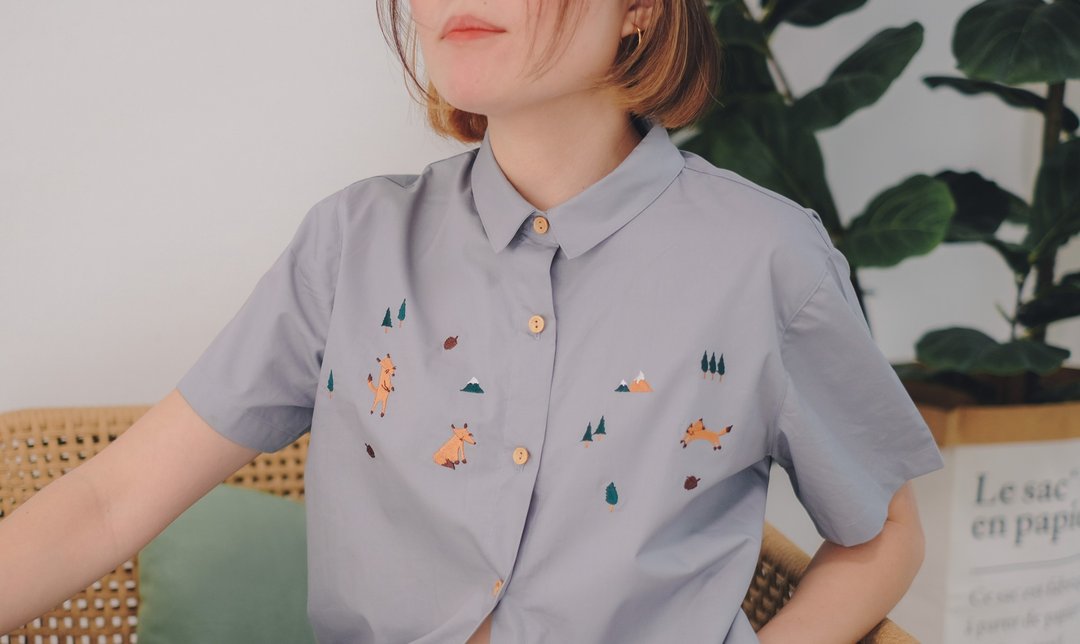 Shirt Dress : 连衣裙  (grey mix light blue) 灰色混合浅蓝色 - 洋装/连衣裙 - 棉．麻 灰色