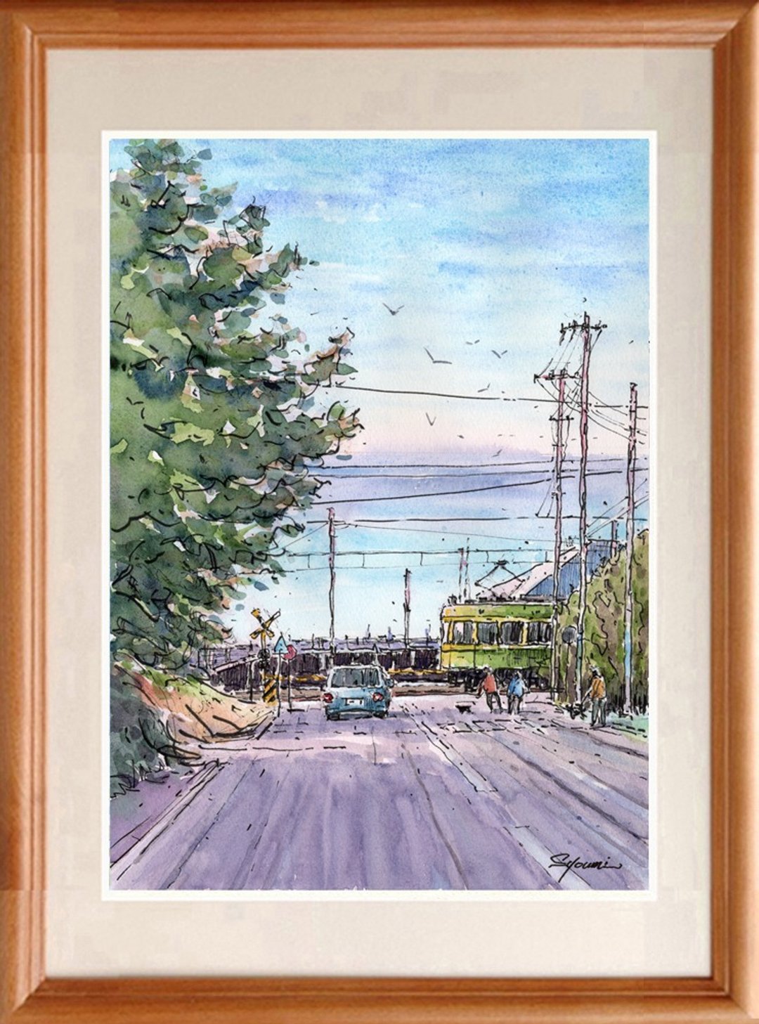 水彩画原画 镰仓王子饭店前平交道与七里滨海景 - 海报/装饰画/版画 - 纸 蓝色