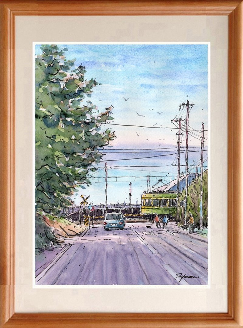 水彩画原画 镰仓王子饭店前平交道与七里滨海景 - 海报/装饰画/版画 - 纸 蓝色