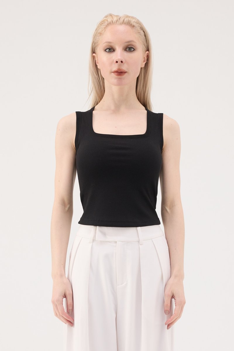 莱赛尔凉感方领包覆罗纹 Bra Top - 黑 - 女装背心 - 其他人造纤维 黑色