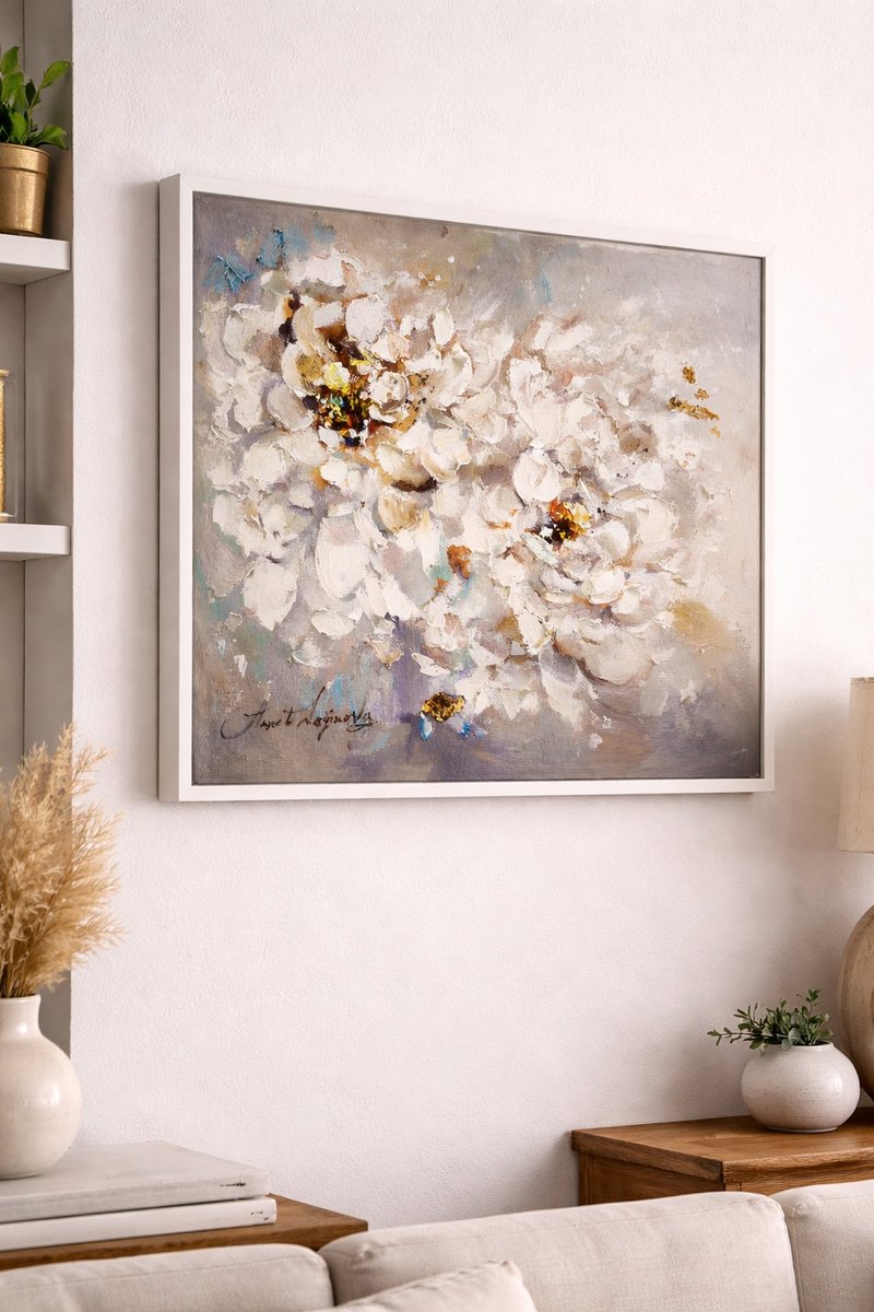 带金箔肌理白色牡丹油画 珍珠色调花卉装饰画 画布 - 墙贴/壁贴 - 其他材质 透明