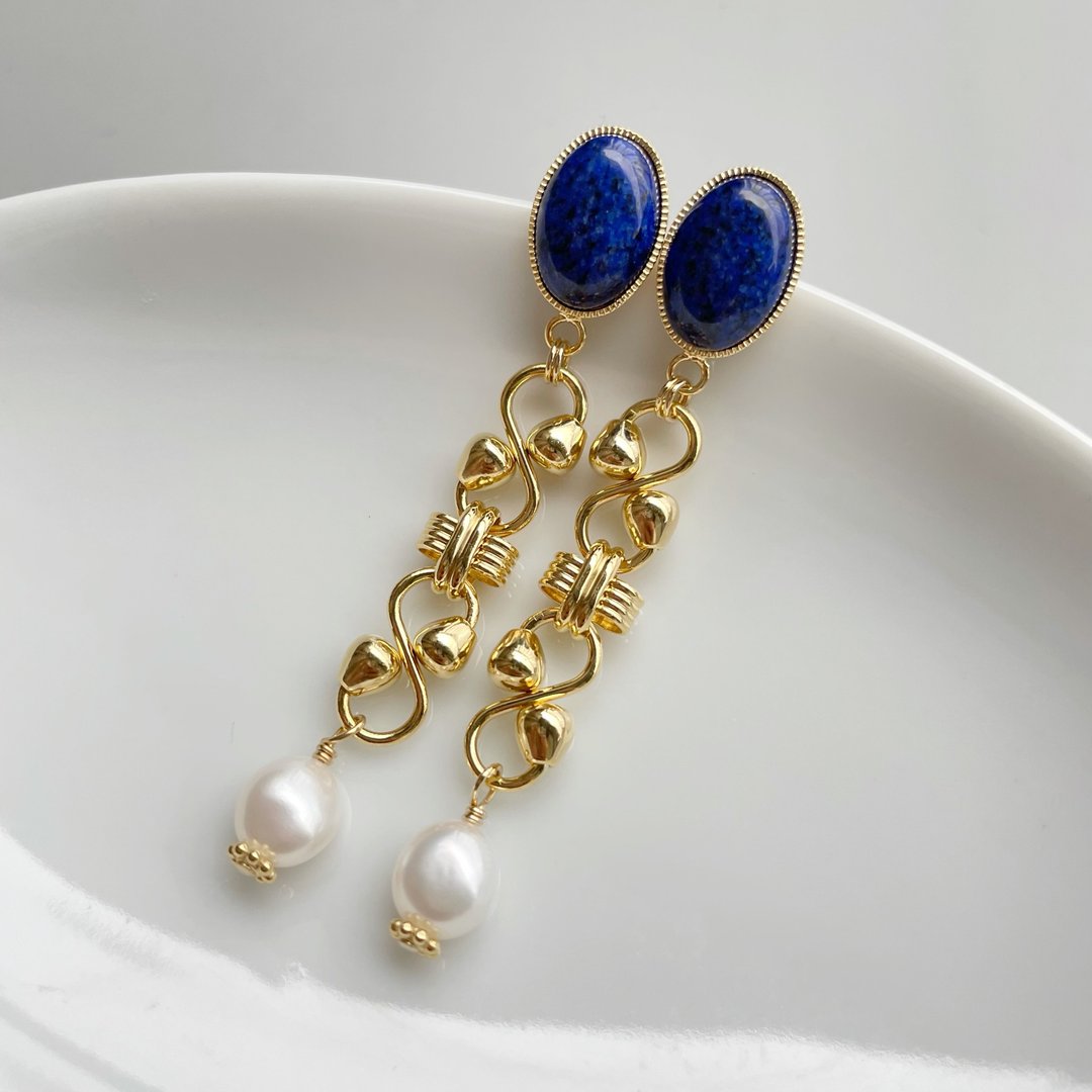 Deep blue chain earrings earrings / Clip-On - 耳环/耳夹 - 半宝石 蓝色