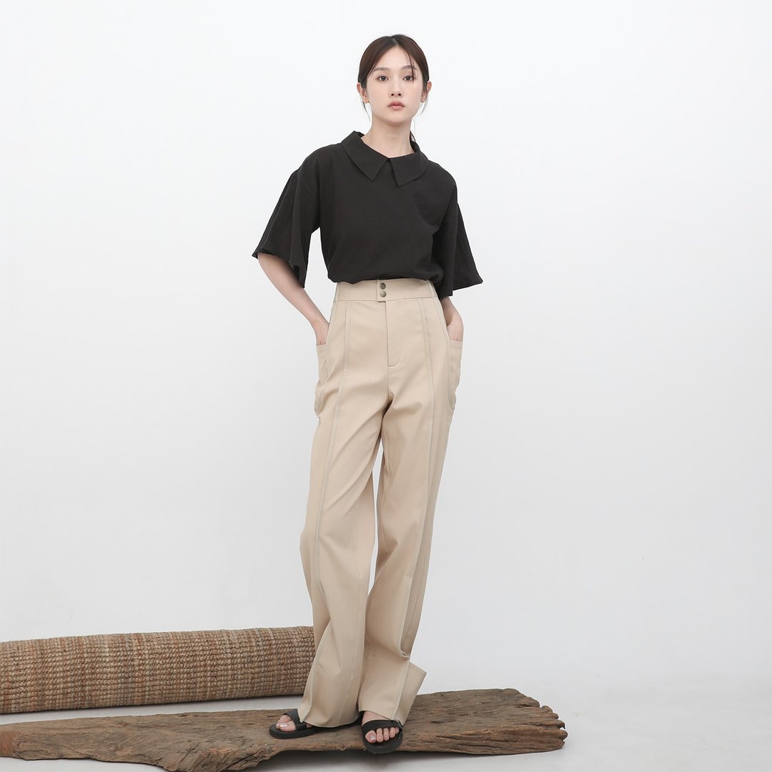 Liuying_流影反褶造型牛仔裤_23SF206_卡其 - 女装上衣 - 聚酯纤维 卡其色